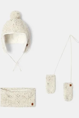 Obaïbi Bonnet péruvien, snood et moufles maille tricot doublée blanc bébé garçon