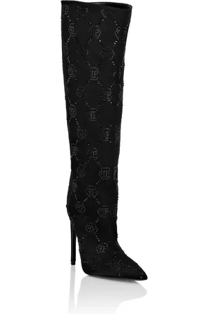 Philipp Plein Satin Boots High Heels Mid Strass Monogram