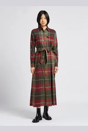 Ralph Lauren Robe longue col classique à carreaux en coton mélangé