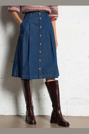 MAISON 123 Jupe midi évasée en denim de coton