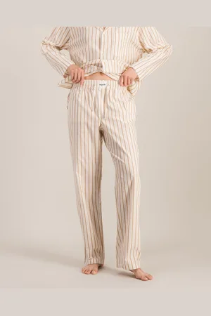 Angarde Pantalon pyjama femme coton bio, rayures beiges