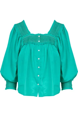 Antik Batik Top col carré à smocks en coton