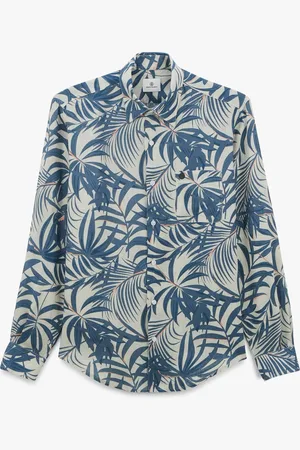 Serge Blanco Chemise en lin à motifs feuilles denim