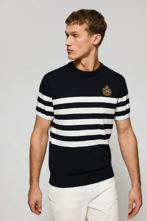 Polo Club® Pull Bleu arine À anches Courtes Rayé Avec Blason Nautique