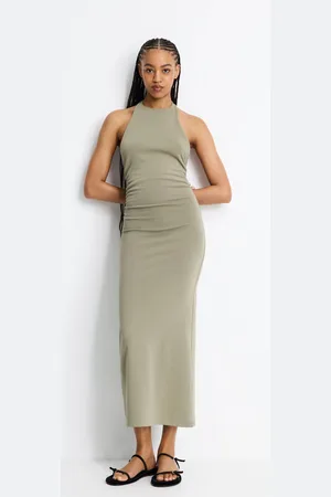 Pull&Bear Robe Midi Froncée À Encolure Américaine
