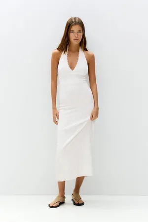 Pull&Bear Robe Midi Blanche À Broderie Anglaise