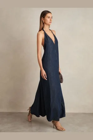 Reiss Rachel - Denim Halterneck Maxi Dress