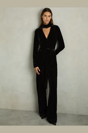 Reiss Vera - Velvet Belted Wide Leg Jumpsuit