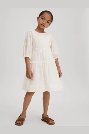 Reiss Tash - Robe ??tag??e en m??lange de lin ?? manches bouffantes