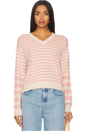 MONROW PULL LIGHT SOFT KNIT STRIPE V NECK in Pink,Beige.
