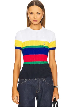 Ralph Lauren Striped Cable Short-sleeve Sweater in Royal,Red.