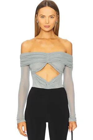 LAPOINTE Mesh Off The Shoulder Cut Out Ruched Bodysuit in .