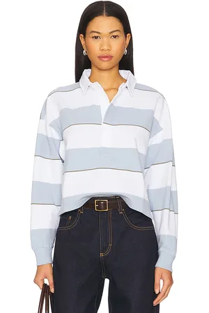 AMO DENIM Crop Annie Rugby in Baby Blue,White.