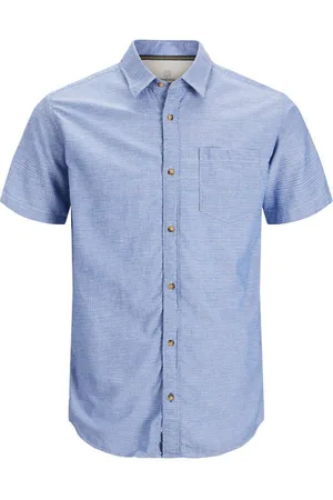 JACK & JONES Chemise Coton Avec Manches Courtes Et Col Français Bleue - Bleue