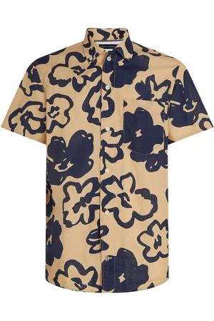 Tommy Hilfiger Chemise En Lin Avec Manches Courtes Et Col Américain Beige Fleurie - Beige