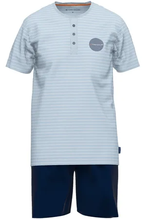 TOM TAILOR Pyjama Court En Coton Ciel Rayé à Coupe Droite Et Col Tunisien - Bleu