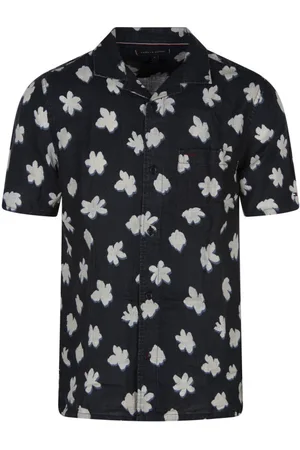 Tommy Hilfiger Chemise Manches Courtes Avec Col Cubain Grande Taille En Lin Bleu Marine Imprimé Fleuri - Marine