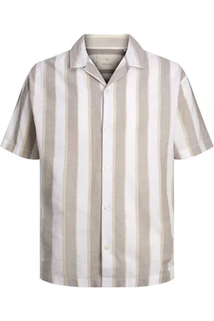 JACK & JONES Chemise Premium Coton Et Lin Mélangé Avec Manches Courtes Et Col Français Beige Rayée - Beige