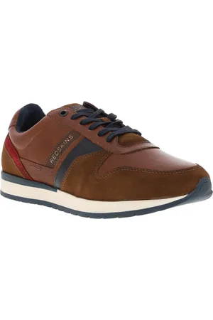 Redskins Baskets Basses En Cuir Cognac Avec Lacets Plats Marine Et Empiècements Latéraux Effet Peau De Reptile - Cognac