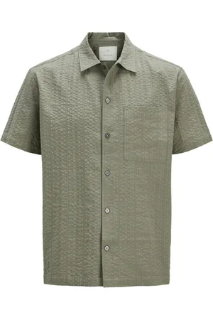 JACK & JONES Chemise Premium Coton Avec Manches Courtes Et Col Français Kaki Seersucker - Kaki