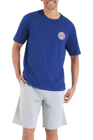 ATHENA Pyjama Court En Coton Mélangé Avec Manches Courtes Et Col Rond Bleu - Bleu