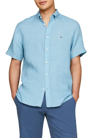 Tommy Hilfiger Chemise Droite Manches Courtes Et Col Boutonné En Lin Bleue - Bleue