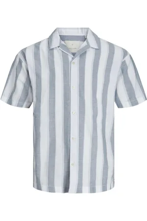 JACK & JONES Chemise Premium Coton Et Lin Mélangé Avec Manches Courtes Et Col Français Bleue Rayée - Bleue