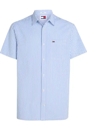 Tommy Hilfiger Chemise Coton Avec Manches Courtes Et Col Français Ciel Rayée - Ciel