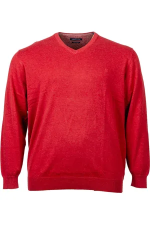 Casa Moda Pull Col V En Coton Avec Manches Longues Rouge Uni Avec Petite Broderie