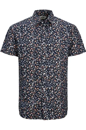 JACK & JONES Chemise Premium Coton Et Lin Mélangé Avec Manches Courtes Et Col Français Marine Liberty - Marine