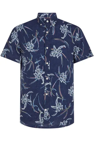 Tommy Hilfiger Chemise Lin Avec Manches Courtes Et Col Anglais Marine Fleurie - Marine