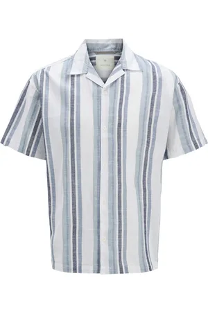 JACK & JONES Chemise Premium Coton Mélangé Avec Manches Courtes Et Col Cubain Bleue Rayée - Bleue