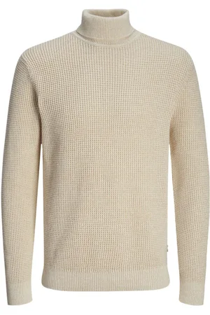 JACK & JONES Pull Premium En Coton Biologique Avec Manches Longues Et Col Roulé Beige Maille Effet Gaufrée - Beige