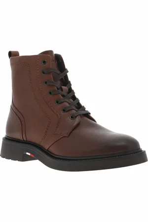Tommy Hilfiger Bottines En Cuir Cognac Et à Lacets Et Zip Latéral - Cognac