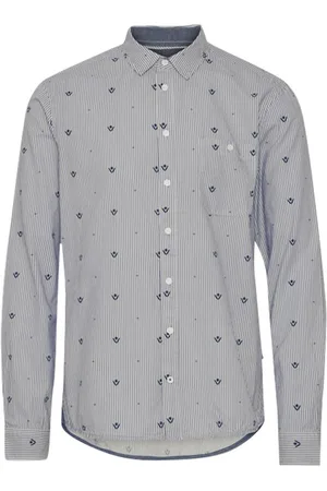 Blend Chemise En Coton Gris à Rayures Bleu Marine, à Coupe Slim Et Col Français - Bleue
