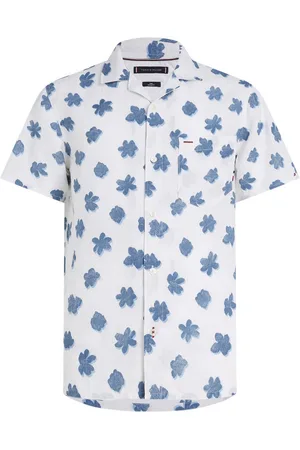Tommy Hilfiger Chemise En Lin Avec Manches Courtes Et Col Cubain Blanche Fleurie - Blanche