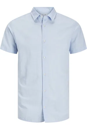 JACK & JONES Chemise Coton Mélangé Avec Manches Courtes Et Col Italien Ciel - Ciel