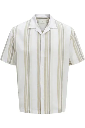 JACK & JONES Chemise Premium Coton Mélangé Avec Manches Courtes Et Col Cubain écrue Rayée - Ecrue