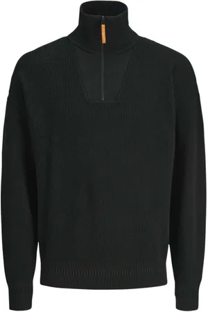 JACK & JONES Pull Coupe Droite En Coton Noir Côtelé Col Montant Zippé - Noir