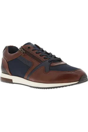 Redskins Baskets Basses Avec Lacets Et Zip Latéral En Cuir Cognac Et Bleu Marine - Cognac