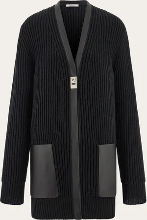 Salvatore Ferragamo Femmes Maxi cardigan avec bords en cuir Noir