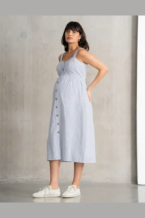 Séraphine Robe grossesse et allaitement midi rayée en lin et coton - Bleu et blanc