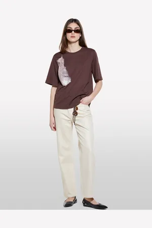 Sisley T-shirt Marron À Imprimé Plume Femme