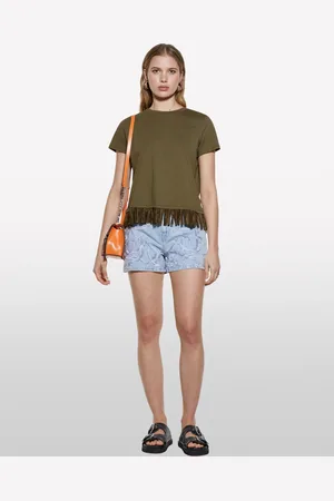 Sisley T-shirt Vert Militaire Avec Franges Sur Le Bas Femme