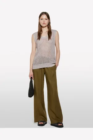 Sisley Pantalon Coupe Flare Vert Militaire En 100% Lin Femme