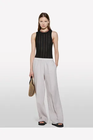 Sisley Pantalon Gris Coupe Flare En 100% Lin Femme