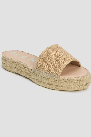 MANEBI Claquettes beiges pour femmes Raffia Stripes Double Sole Slides