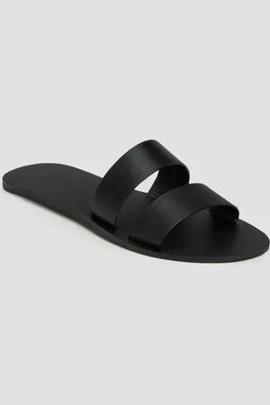 MANEBI Chaussures noires pour femmes Leather Two Bands Sandals Canyon