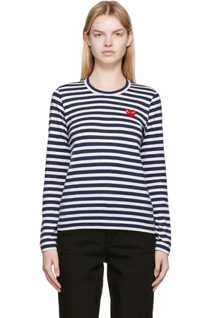 Comme des Garçons T-shirt à manches longues blanc et bleu marine à écusson à logo