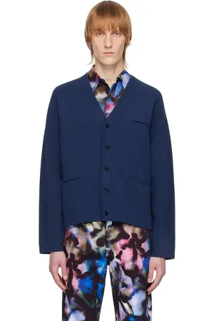 DRIES VAN NOTEN Cardigan bleu marine à col en Y